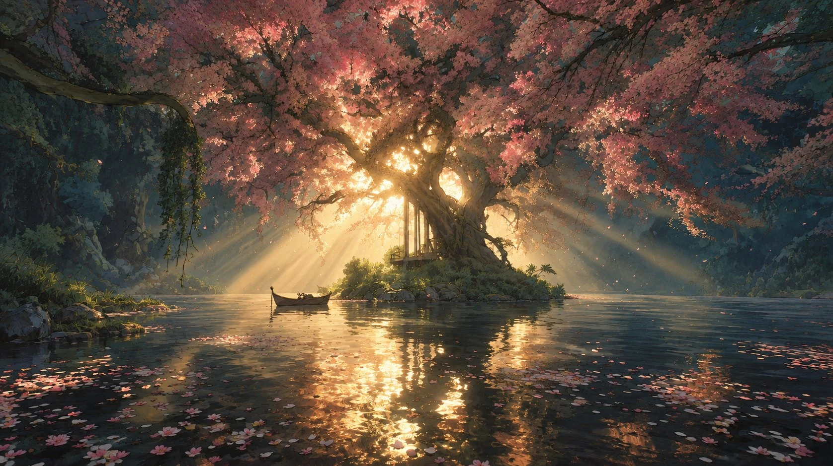 绘画版古树湖面